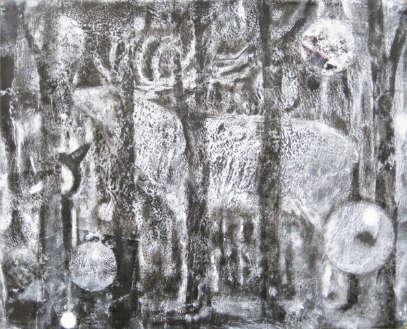 Hirsch und Pinocchio 5, Alkydfarbe auf Röntgenfolie, 21cm x 30cm