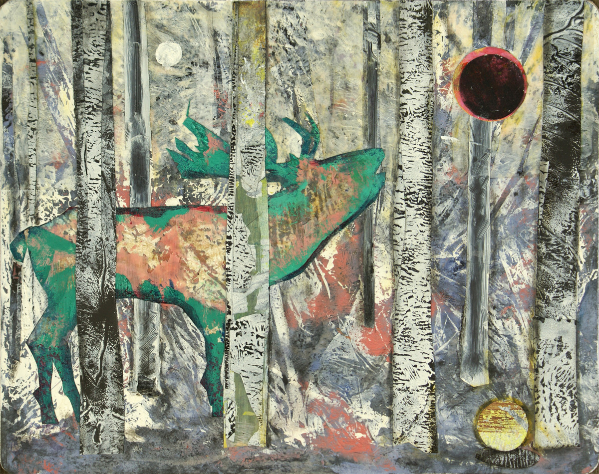 Hirschtraum, 21cm x 30cm, Collage und Alkydfarbe auf Röntgenfolie