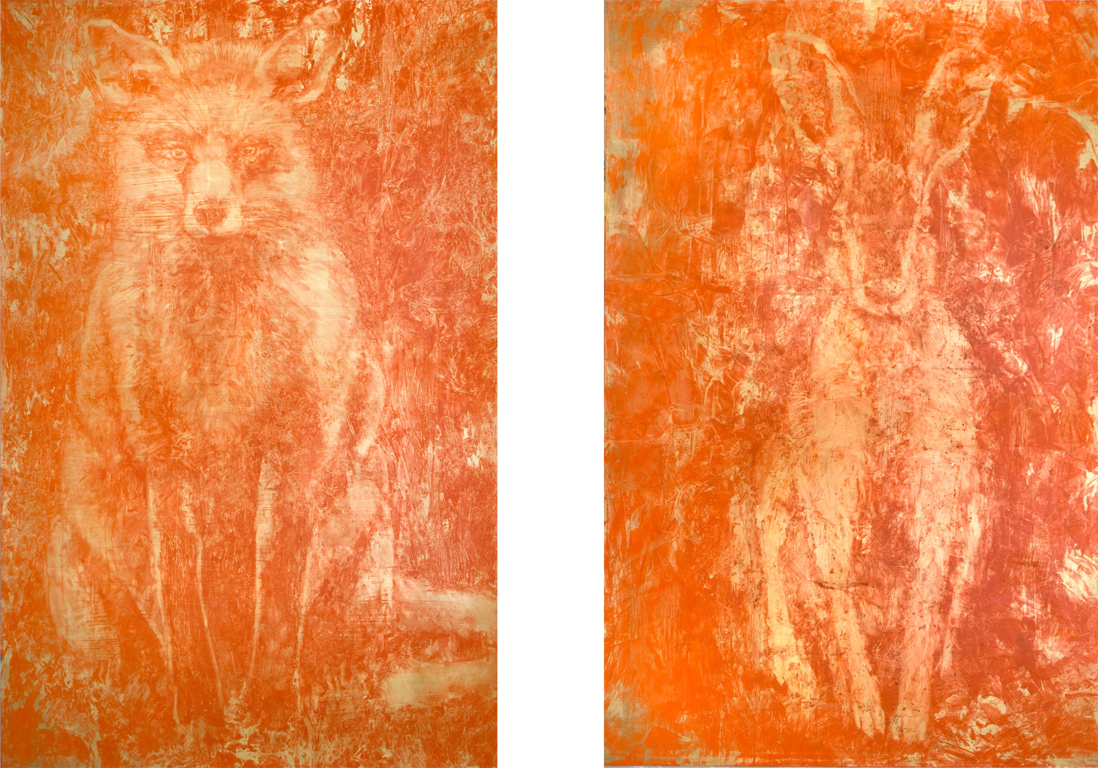 “Gute Nacht“ (Fuchs und Hase), zweiteilig, je 156cm x 101cm, Schlagmetall und Ölharzfarbe auf Dibondplatte