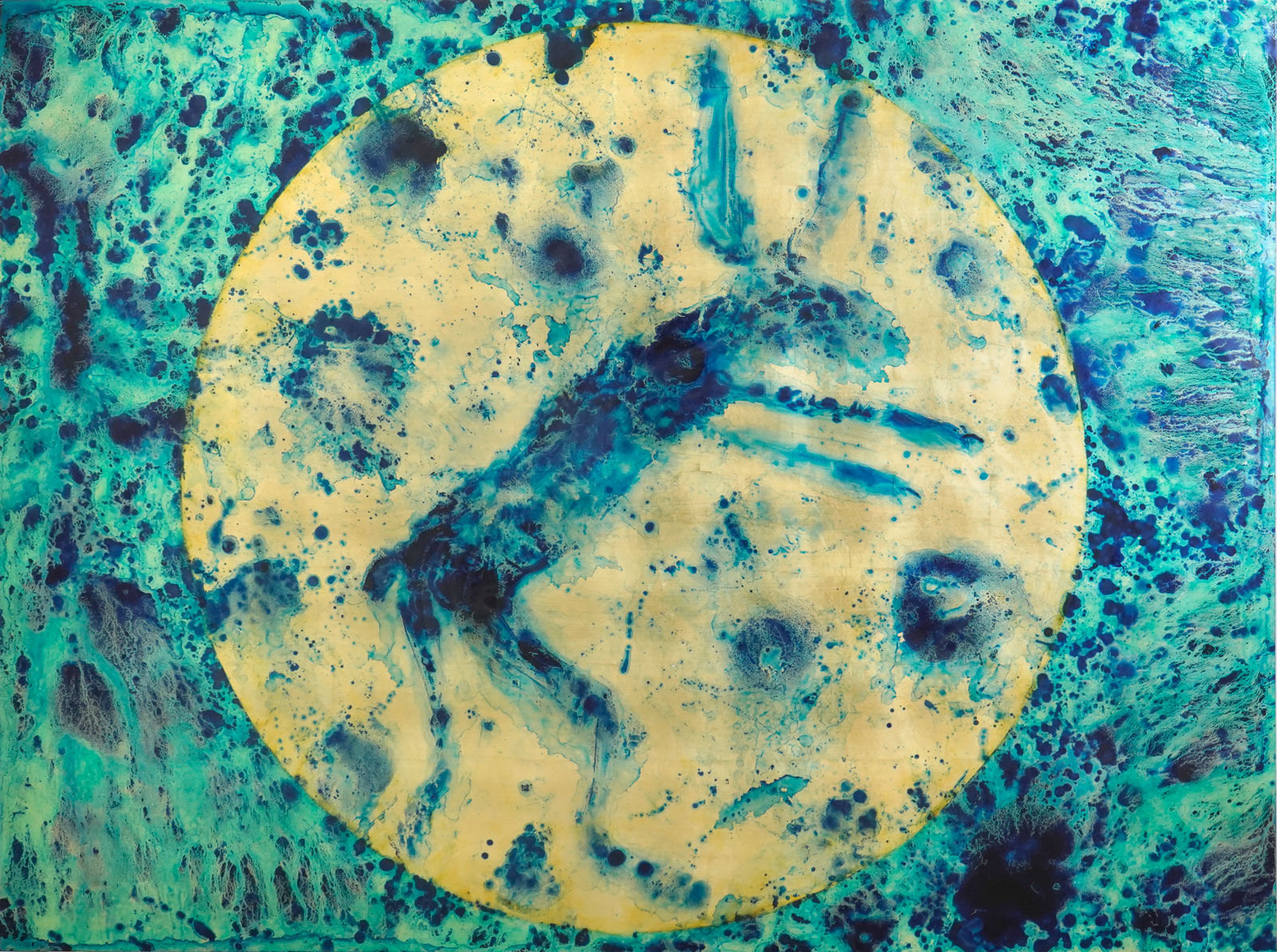 Hase im Mond 2, 152cm x 205cm, Schlagmetall (Vergoldung), Ölfarbe auf Dibondplatte