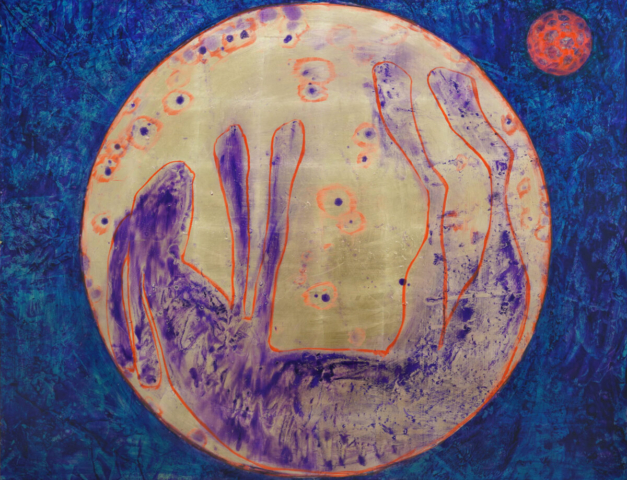 Hase im Mond 4, 116cm x 152cm, Schlagmetall und Ölfarbe auf Dibondplatte