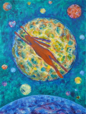 Mondhase greift nach den Sternern, 40cm x 30cm, Schlagmetall und Ölfarbe auf Dibond