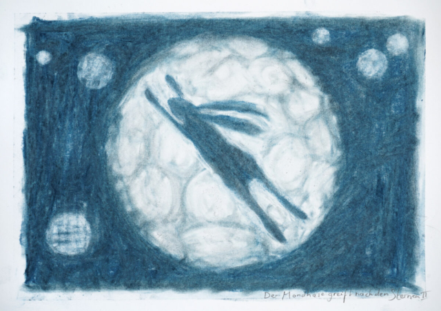 Mondhase greift nach den Sternen 2, Graphit auf Papier, 21cm x 29.7cm